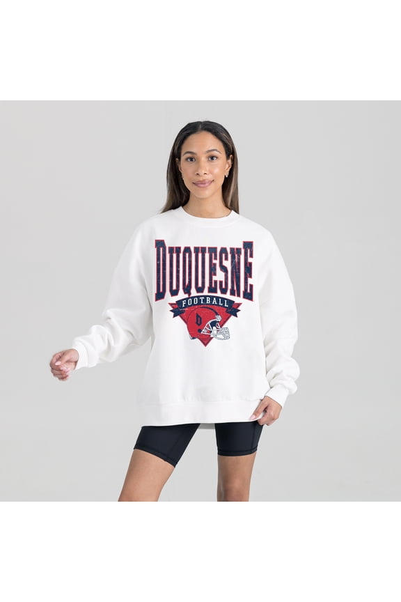 Women's Gameday Couture White Duquesne Dukes Oversized Good Vibes Premium Fleece Drop Shoulder Pullover Sweatshirt