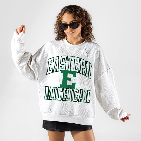 Women's Gameday Couture White Eastern Michigan Eagles Big Play Energy Tonal Star Embossed Sweatshirt
