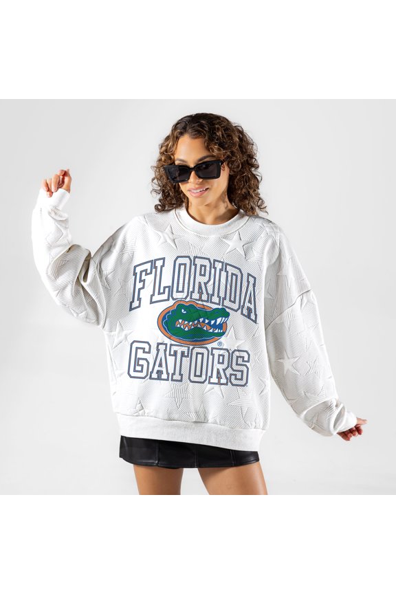 Women's Gameday Couture White Florida Gators  Big Play Energy Tonal Star Embossed Sweatshirt