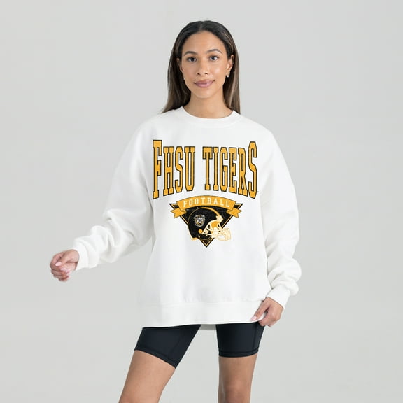 Women's Gameday Couture White Fort Hays State Tigers Oversized Good Vibes Premium Fleece Drop Shoulder Pullover