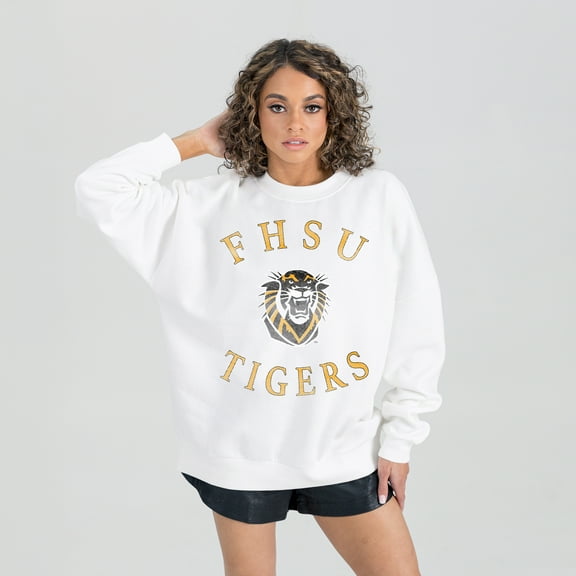 Women's Gameday Couture White Fort Hays State Tigers Oversized Good Vibes Premium Fleece Drop Shoulder Pullover
