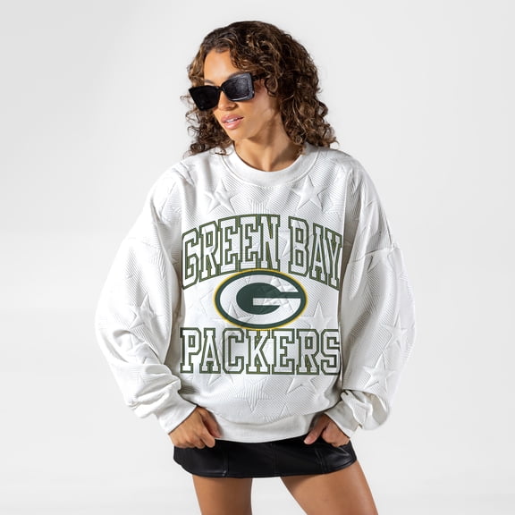 Women's Gameday Couture White Green Bay Packers Big Play Energy Tonal Star Embossed Sweatshirt
