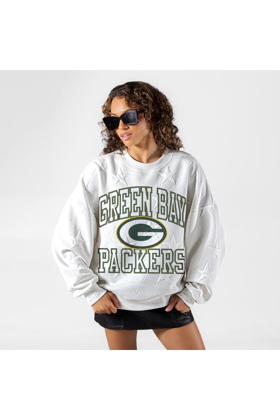 Women's Gameday Couture White Green Bay Packers Big Play Energy Tonal Star Embossed Sweatshirt