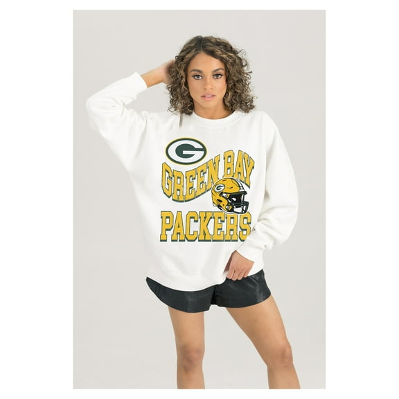 Women's Gameday Couture  White Green Bay Packers Oversized Hard Earned Premium Fleece Pullover Sweatshirt