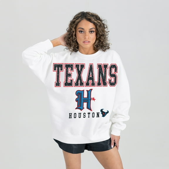 Women's Gameday Couture  White Houston Texans Classic Sunday Drives Oversized Premium Fleece Pullover Sweatshirt