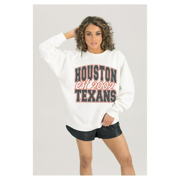 Women's Gameday Couture White Houston Texans Oversized Faded Formation Premium Fleece Pullover Sweatshirt