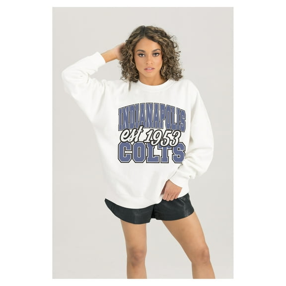 Women's Gameday Couture  White Indianapolis Colts Oversized Faded Formation Premium Fleece Pullover Sweatshirt