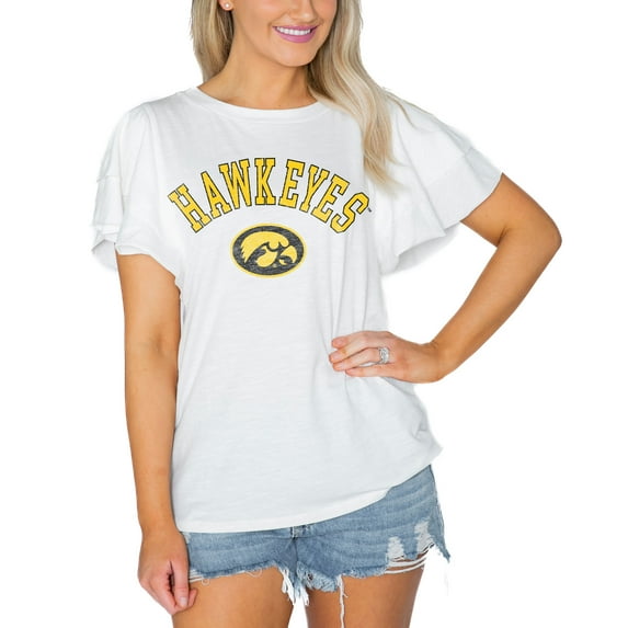Women's Gameday Couture White Iowa Hawkeyes Arch Logo Flutter Sleeve Lightweight T-Shirt