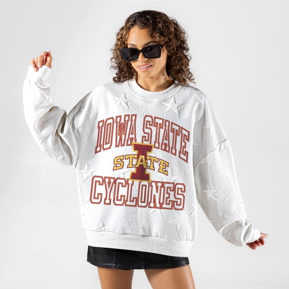 Women's Gameday Couture White Iowa State Cyclones  Big Play Energy Tonal Star Embossed Sweatshirt