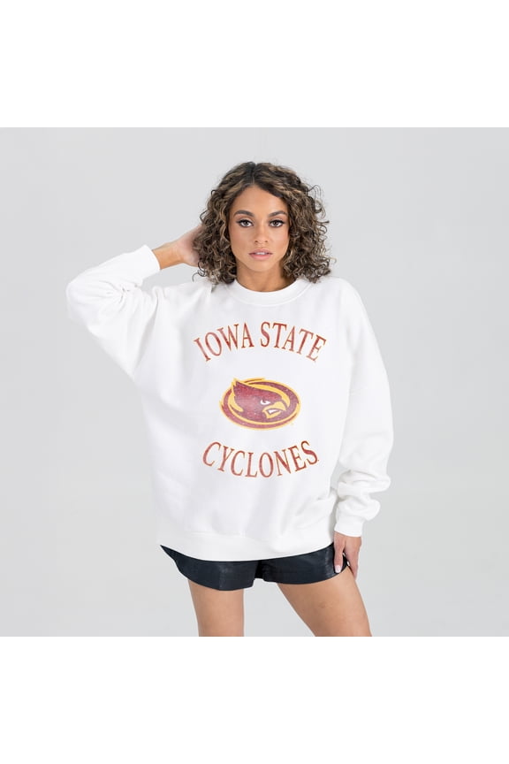 Women's Gameday Couture White Iowa State Cyclones Oversized Good Vibes Premium Fleece Drop Shoulder Pullover Sweatshirt