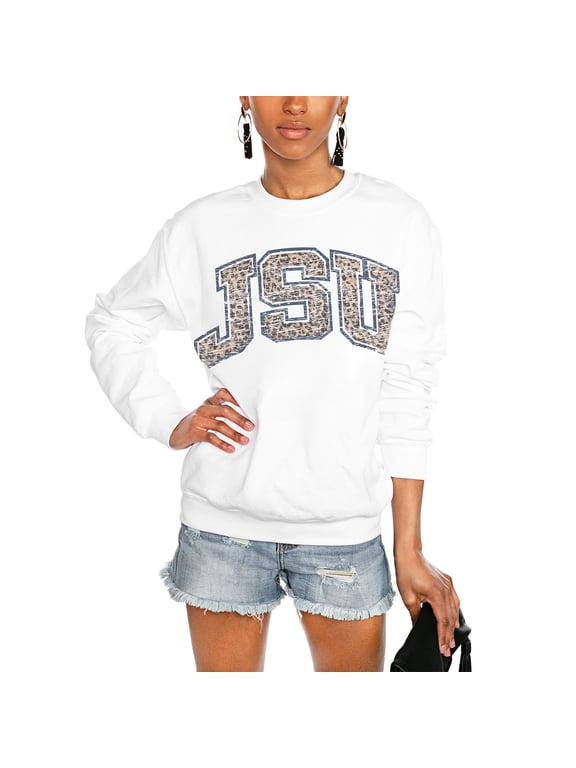 Women's Gameday Couture White Jackson State Tigers Distressed Snap Perfect Oversized Pullover Sweatshirt