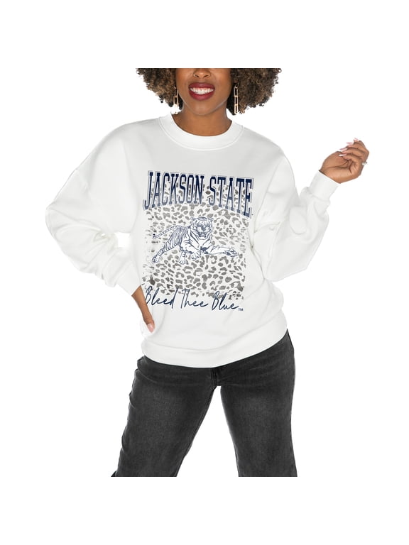 Women's Gameday Couture Jackson State Tigers White Oversized Drop Shoulder Fleece Drop Pullover Sweatshirt