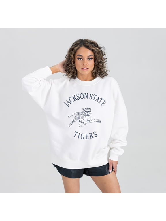 Women's Gameday Couture White Jackson State Tigers Oversized Good Vibes Premium Fleece Drop Shoulder Pullover Sweatshirt