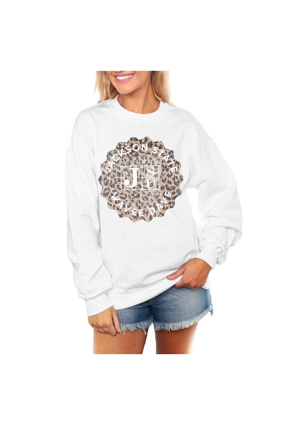 Women's Gameday Couture White Jackson State Tigers Wild Side Perfect Crewneck Pullover Sweatshirt