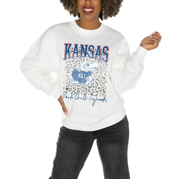 Women's Gameday Couture Kansas Jayhawks White Oversized Drop Shoulder Fleece Drop Pullover Sweatshirt