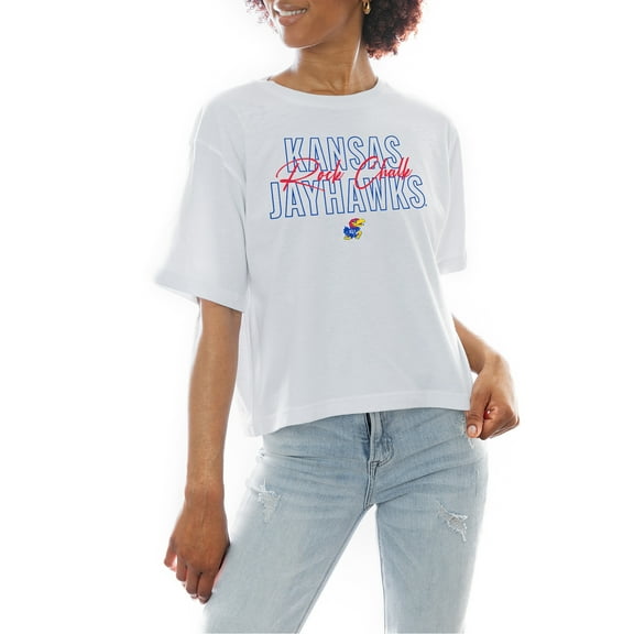 Women's Gameday Couture White Kansas Jayhawks Slogan Boxy Fit Cropped T-Shirt