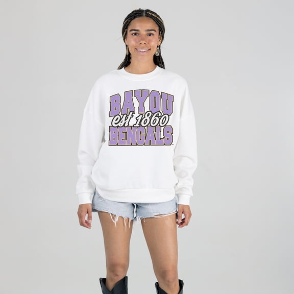 Women's Gameday Couture White LSU Tigers Oversized Faded Formation Premium Fleece Sweatshirt