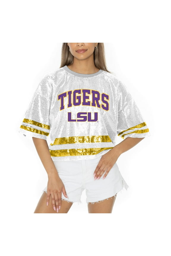 Women's Gameday Couture White LSU Tigers Sequin Striped Cropped Fashion Jersey T-Shirt