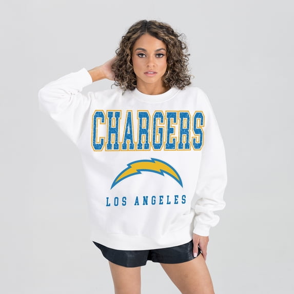 Women's Gameday Couture White Los Angeles Chargers Sunday Drives Oversized Crewneck Pullover Sweatshirt