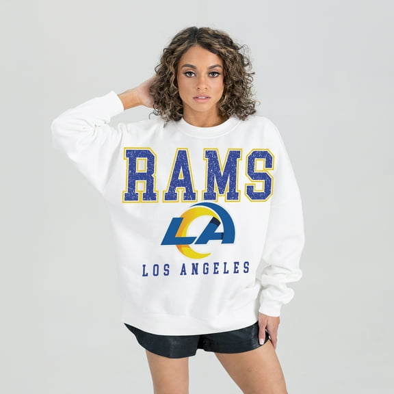Women's Gameday Couture  White Los Angeles Rams  Sunday Drives Oversized Crewneck Pullover Sweatshirt