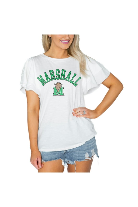 Women's Gameday Couture  White Marshall Thundering Herd Arch Logo Flutter Sleeve Lightweight T-Shirt