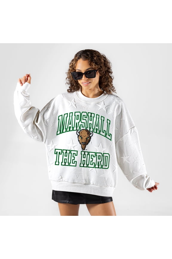 Women's Gameday Couture White Marshall Thundering Herd  Big Play Energy Tonal Star Embossed Sweatshirt