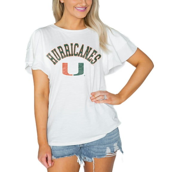 Women's Gameday Couture White Miami Hurricanes Arch Logo Flutter Sleeve Lightweight T-Shirt