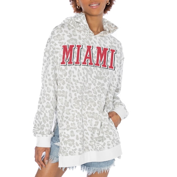 Women's Gameday Couture White Miami University RedHawks Home Team Advantage Leopard Print Oversized Side-Slit Pullover