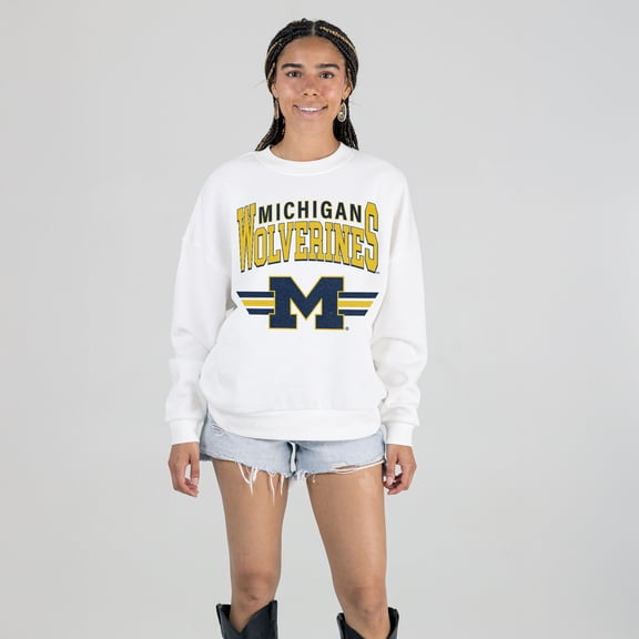 Women's Gameday Couture White Michigan Wolverines Oversized Premium Fleece Sweatshirt