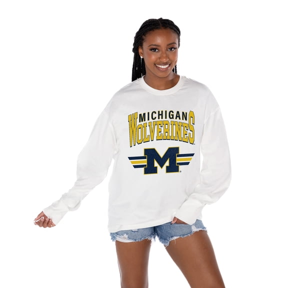 Women's Gameday Couture White Michigan Wolverines Oversized Swift Strike Long Sleeve T-Shirt