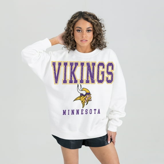 Women's Gameday Couture White Minnesota Vikings Sunday Drives Oversized Crewneck Pullover Sweatshirt