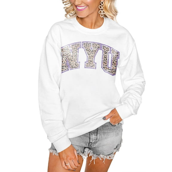 Women's Gameday Couture White NYU Violets Distressed Snap Perfect Oversized Pullover Sweatshirt