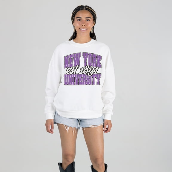 Women's Gameday Couture White NYU Violets Oversized Faded Formation Premium Fleece Sweatshirt