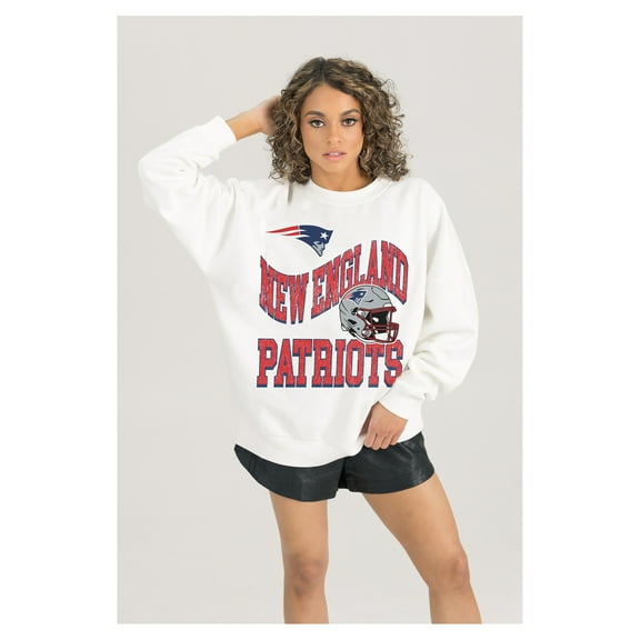 Women's Gameday Couture  White New England Patriots Oversized Hard Earned Premium Fleece Pullover Sweatshirt