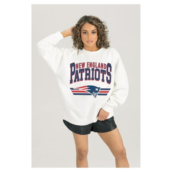 Women's Gameday Couture  White New England Patriots Swift Strike Premium Oversized Fleece Pullover Sweatshirt