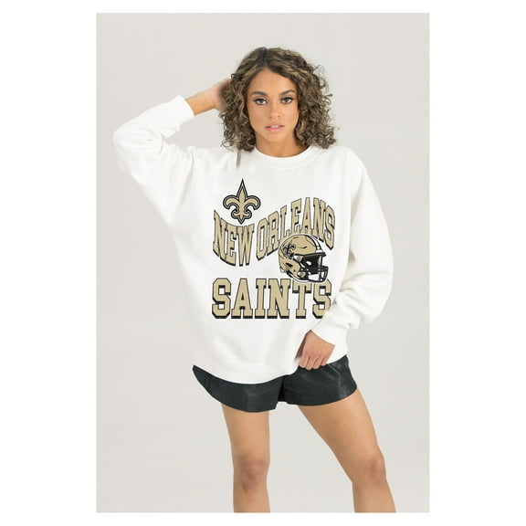 Women's Gameday Couture White New Orleans Saints Oversized Hard Earned Premium Fleece Pullover Sweatshirt