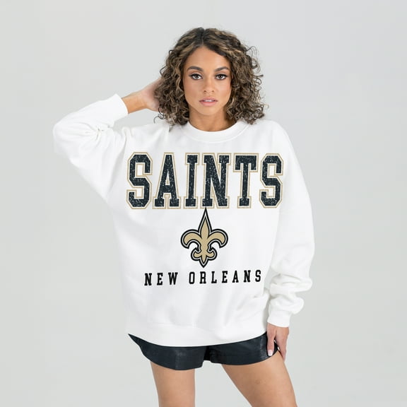 Women's Gameday Couture  White New Orleans Saints  Sunday Drives Oversized Crewneck Pullover Sweatshirt