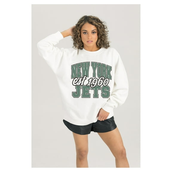 Women's Gameday Couture  White New York Jets Oversized Faded Formation Premium Fleece Pullover Sweatshirt