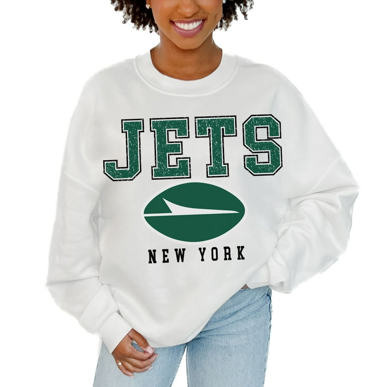 Women s Gameday Couture White New York Jets Sunday Drives Oversized Crewneck Pullover Sweatshirt Walmart