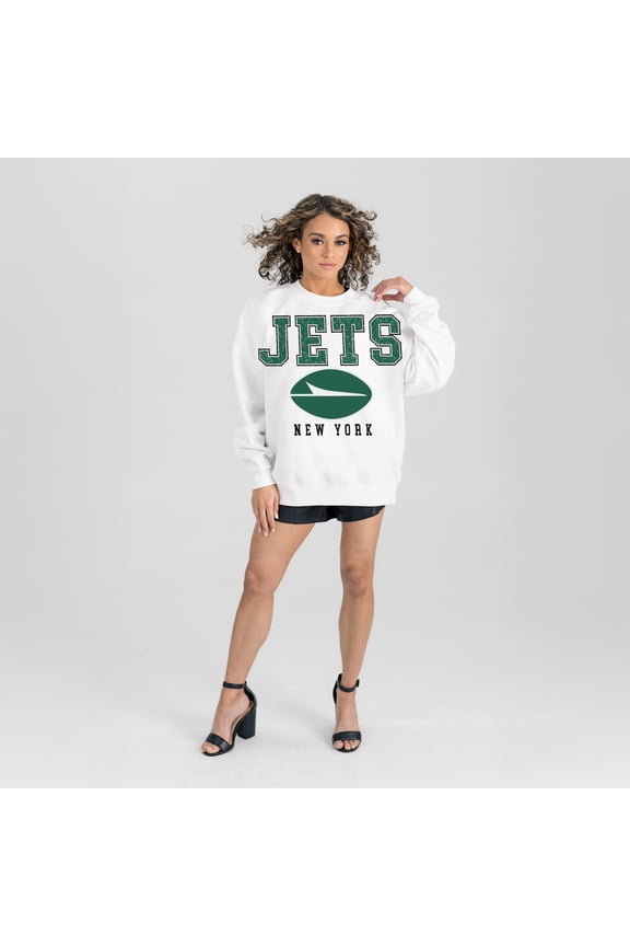 Women's Gameday Couture White New York Jets Sunday Drives Oversized Crewneck Pullover Sweatshirt