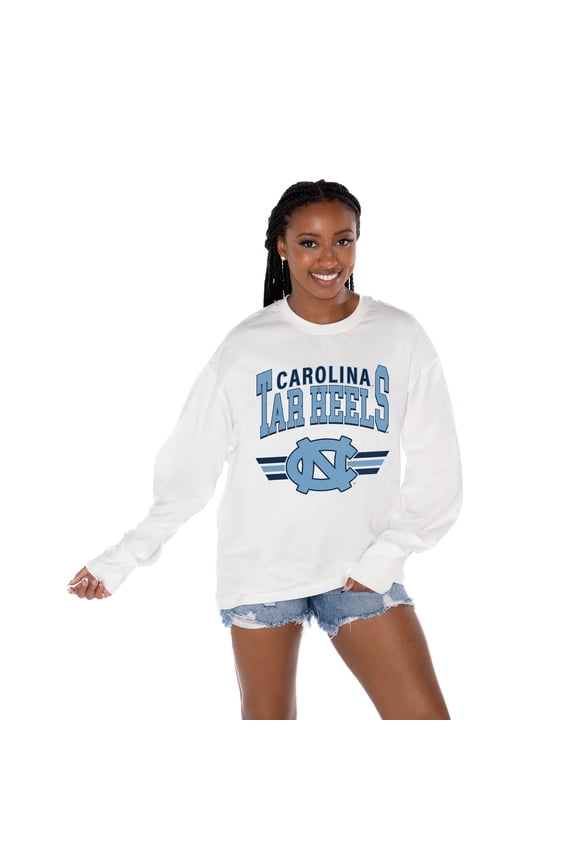 Women's Gameday Couture White North Carolina Tar Heels Oversized Swift Strike Long Sleeve T-Shirt