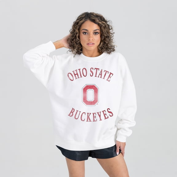 Women's Gameday Couture White Ohio State Buckeyes Oversized Good Vibes Premium Fleece Drop Shoulder Pullover Sweatshirt