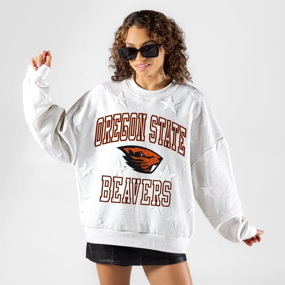 Women's Gameday Couture White Oregon State Beavers Big Play Energy Tonal Star Embossed Sweatshirt