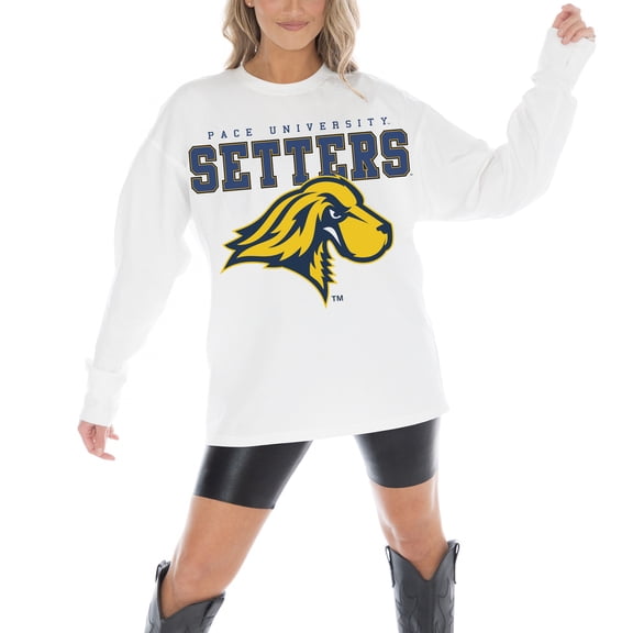 Women's Gameday Couture White Pace University Setters Big Goals Oversized Long Sleeve T-Shirt