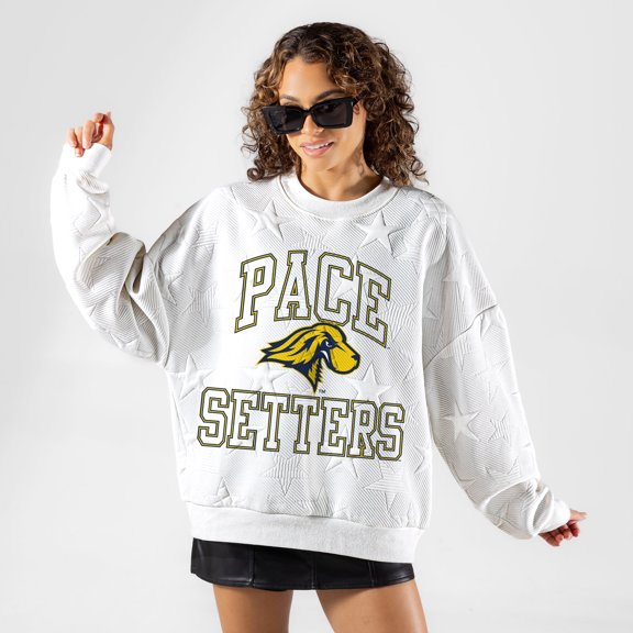 Women's Gameday Couture White Pace University Setters Big Play Energy Tonal Star Embossed Sweatshirt