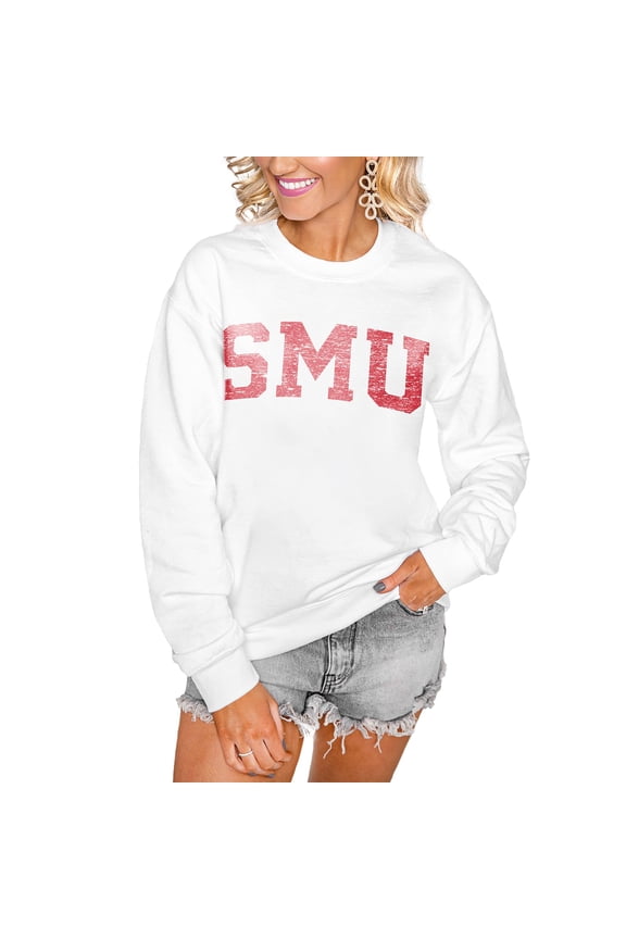 Women's Gameday Couture White SMU Mustangs Distressed Snap Perfect Oversized Pullover Sweatshirt