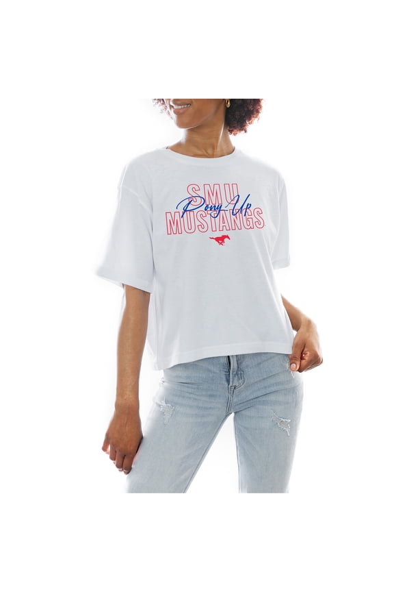Women's Gameday Couture White SMU Mustangs Slogan Boxy Fit Cropped T-Shirt