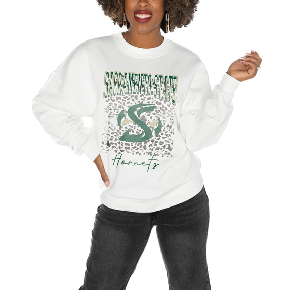 Women's Gameday Couture Sacramento State Hornets White Oversized Drop Shoulder Fleece Drop Pullover Sweatshirt