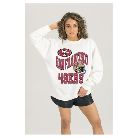 Women's Gameday Couture  White San Francisco 49ers Oversized Hard Earned Premium Fleece Pullover Sweatshirt