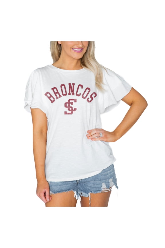 Women's Gameday Couture  White Santa Clara Broncos Arch Logo Flutter Sleeve Lightweight T-Shirt